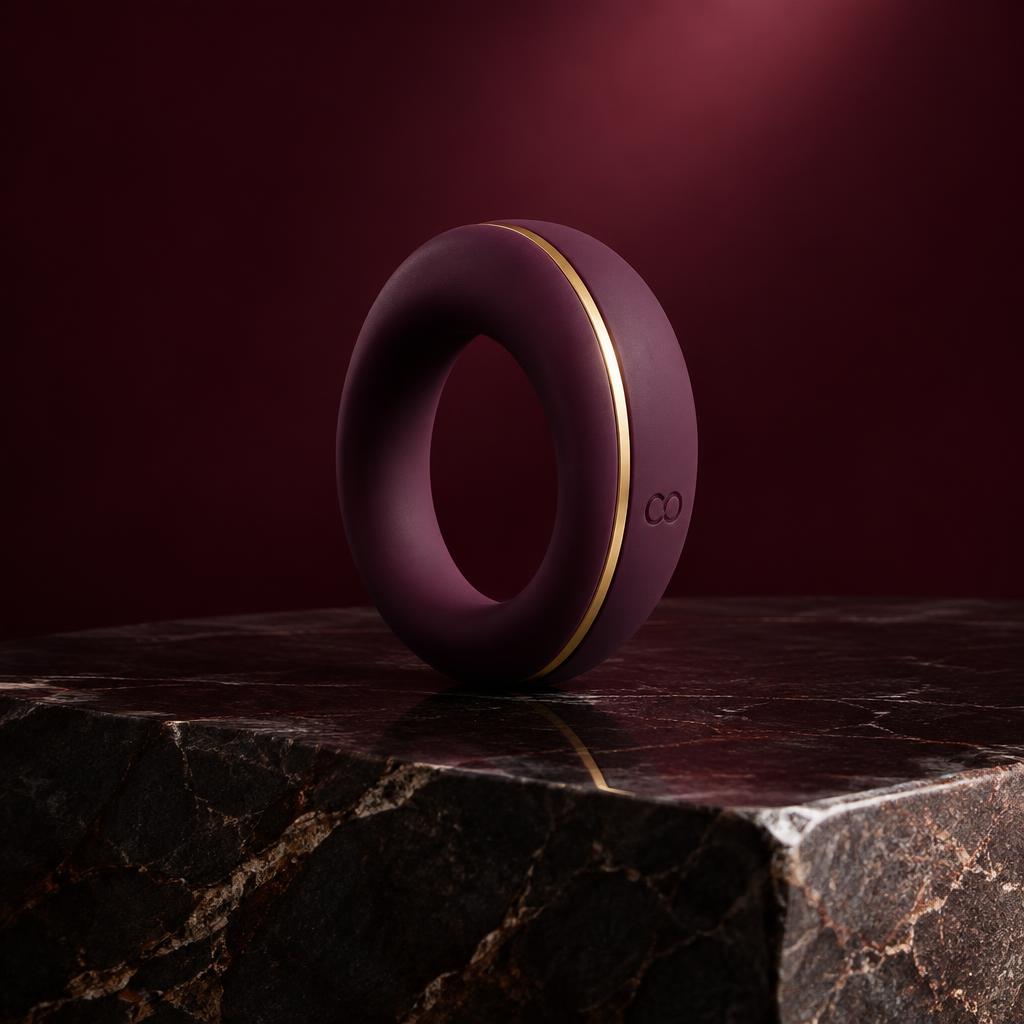 Plum silicone couples ring device standing on dark stone