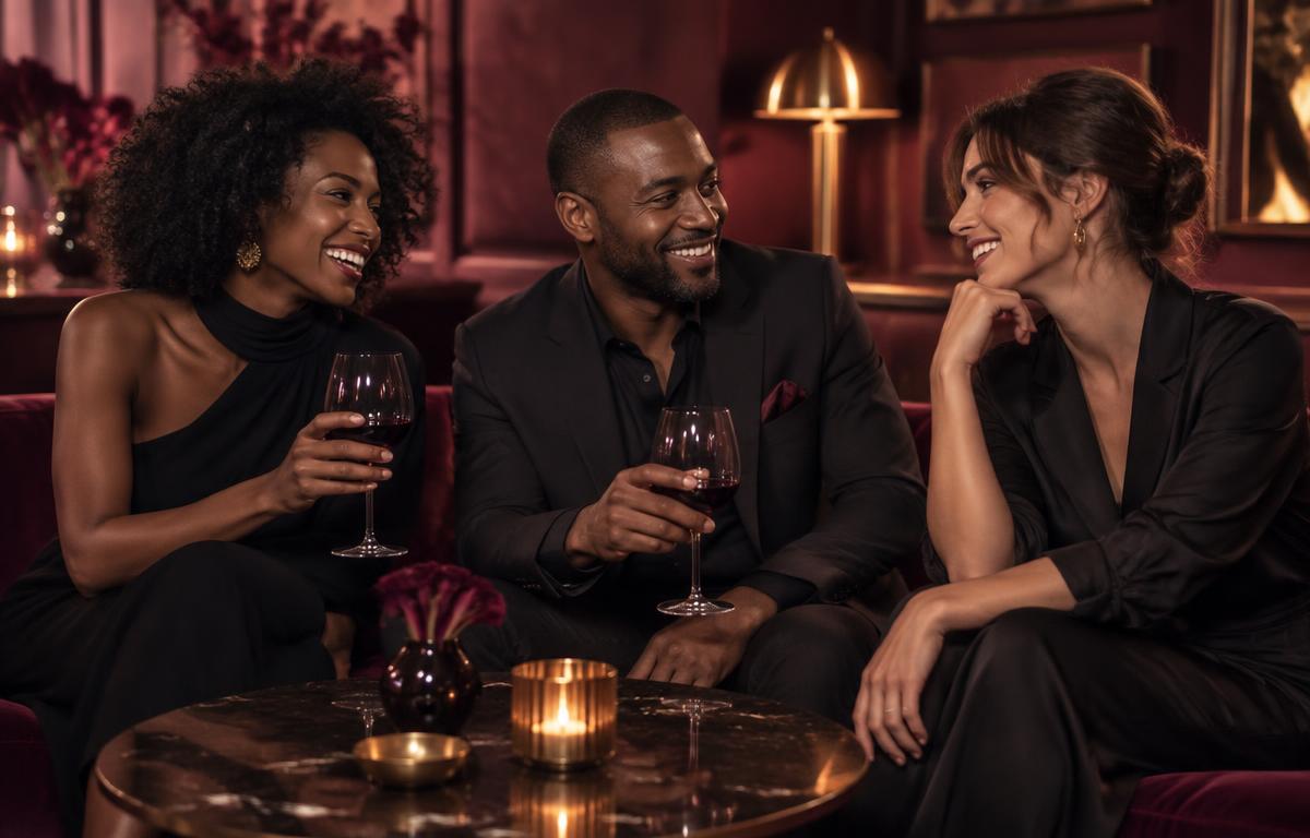 Three adult friends sharing a relaxed conversation