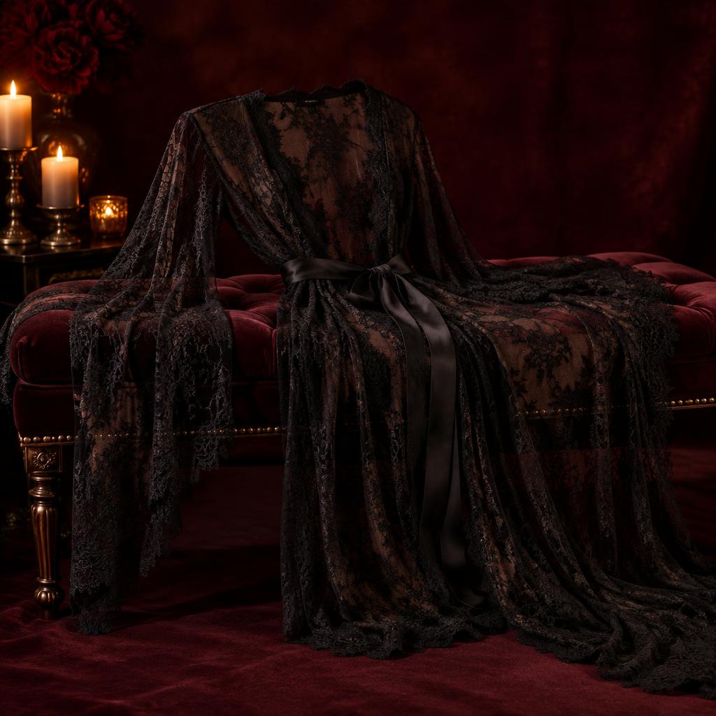 Sheer black lace robe draped over a velvet bench by candlelight