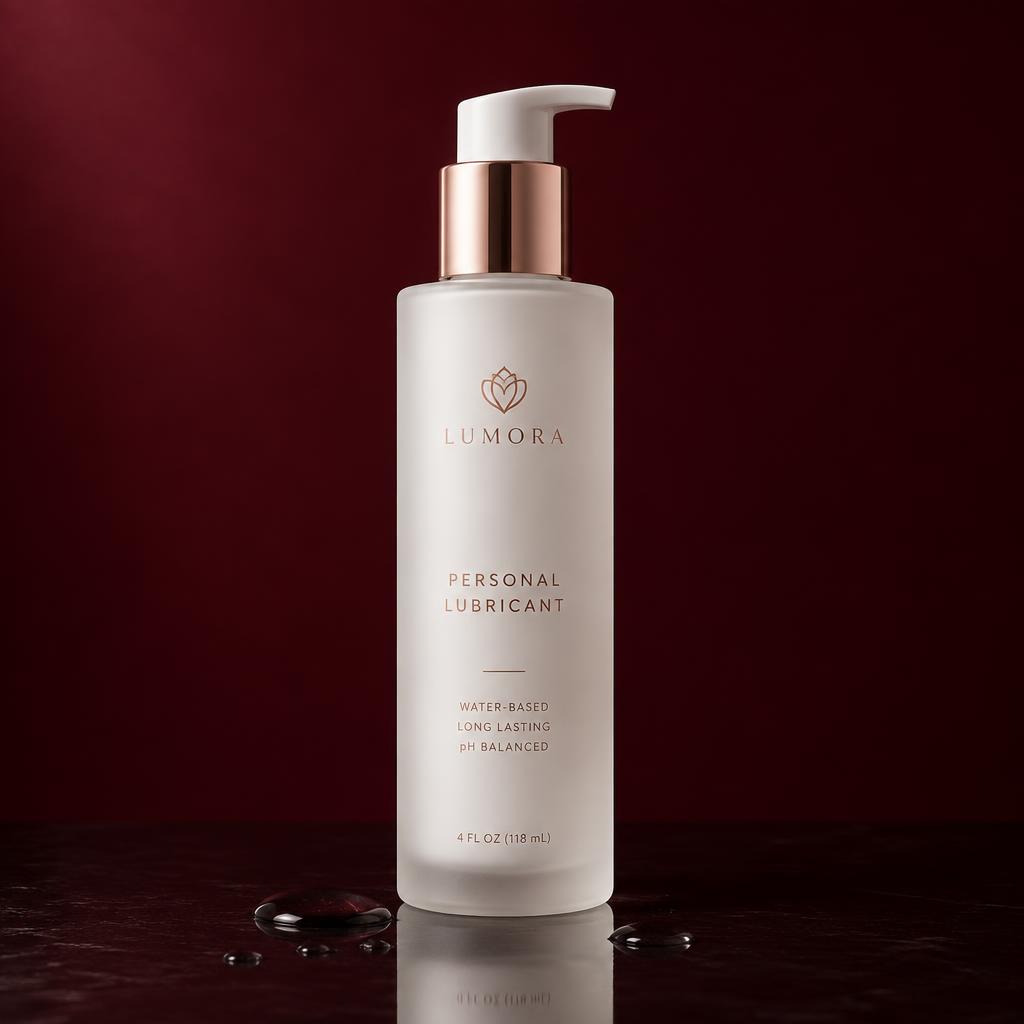 Frosted pump bottle of water-based lubricant on dark stone