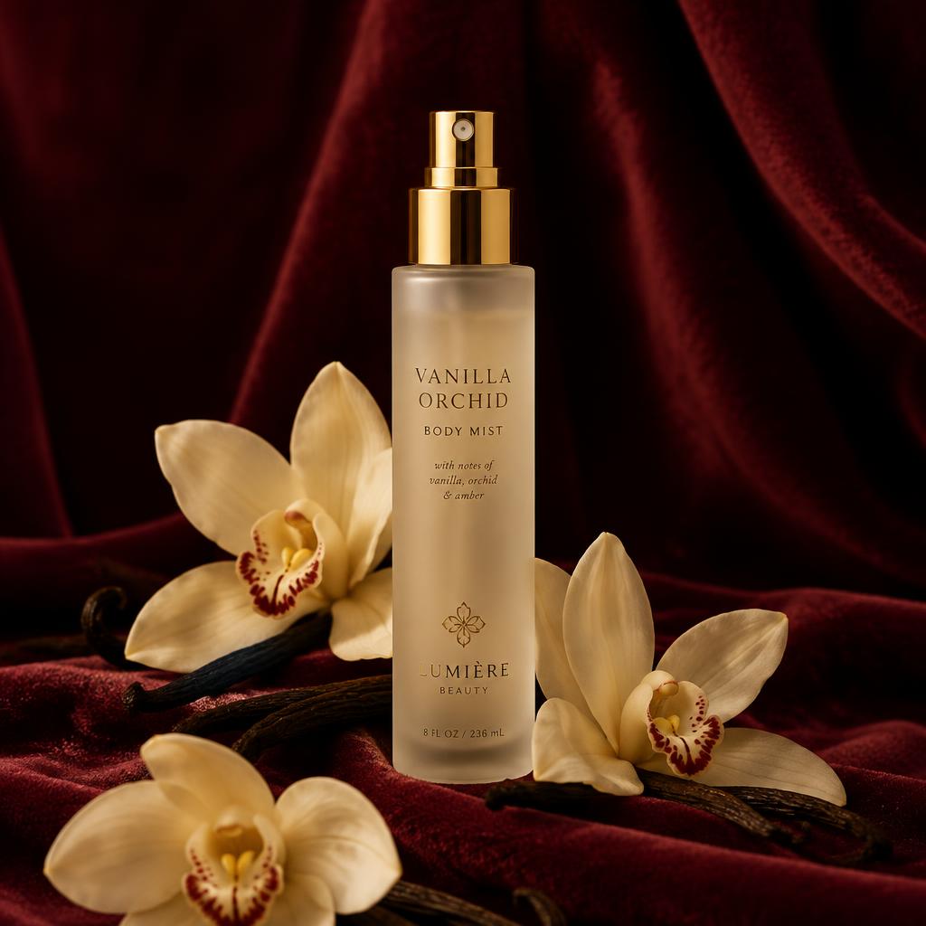 Frosted body mist bottle among vanilla orchids on burgundy velvet